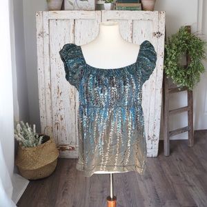 Calvin Klein Olive & Blue Cute Summer Top Puff Sleeves or Off Shoulder